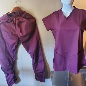 Fashion Unisex V-Neck, Stacked Pants. Medical Scrub Uniform Set. Small. Burgandy